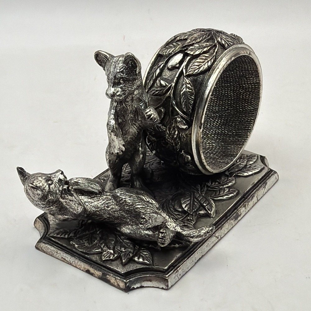 Franklin Mint Animals At Play Napkin Ring Silver Plate Fox Vintage 1977